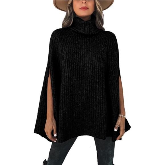 Women Turtleneck Poncho Sweater Cape Lightweight Dolman Sleeve Knit Pullover